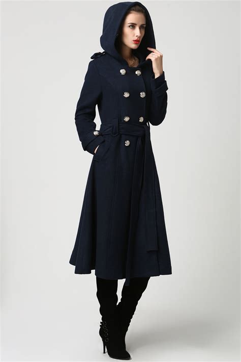 Womens Military Wool Coat With Hood In Navy Blue 1114 Xiaolizi