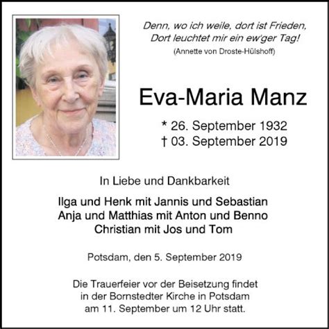 Traueranzeigen Von Eva Maria Manz Trauerportal Ihrer Tageszeitung