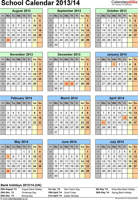 School Calendars 20132014 As Free Printable Excel Templates