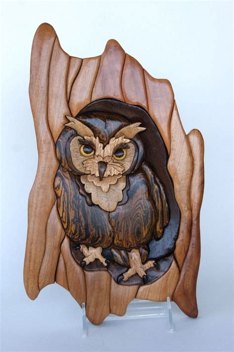 Screech Owl Intarsia Wall Hanging Wood Carving Wooden Bird Wood Owl