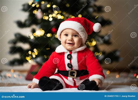 Little Baby Boy In A Santa Costume Sitting On A Fake Fur In Front Of A