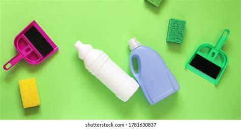 Liquid Detergents Plastic Bottles Brushes Sponges Stock Photo