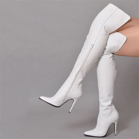 shoespie trendy white pointed toe side zipper thigh high boots boots high knee boots outfit