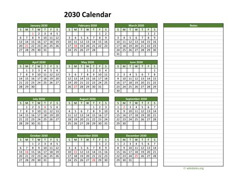 Yearly Printable 2030 Calendar With Notes