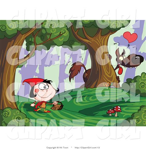 Clip Art Of A Big Bad Wolf Watching Little Red Riding Hood Walking Along From Behind A Tree In A