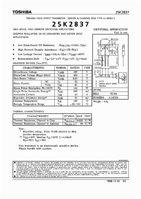 Toshiba k2837 datasheet, cross reference, circuit and application notes in pdf format. K2837_1860013.PDF Datasheet Download --- IC-ON-LINE