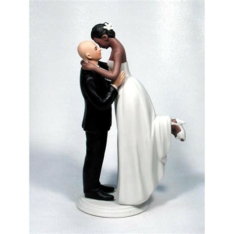 Interracial Bride And Bald Caucasian Groom Wedding Cake Topper