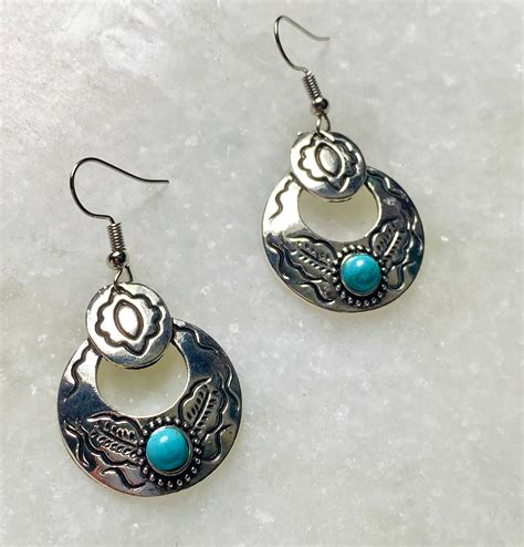 Natural Turquoise Earrings Western Style Jewelry Silver Etsy