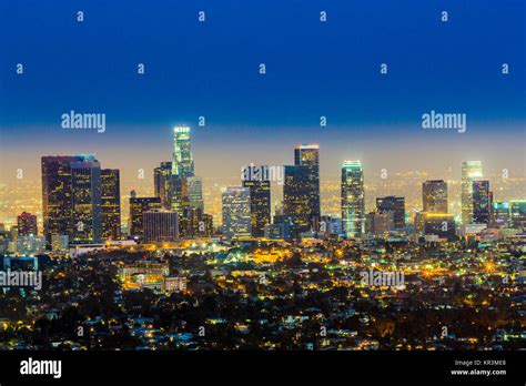 Skyline Of Los Angeles By Night With Blue Dark Sky Stock Photo Alamy