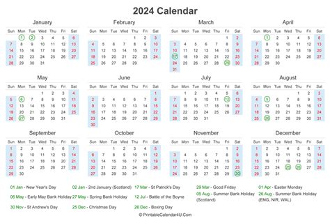 2024 Calendar With Uk Bank Holidays At Bottom Landscape Layout 2024