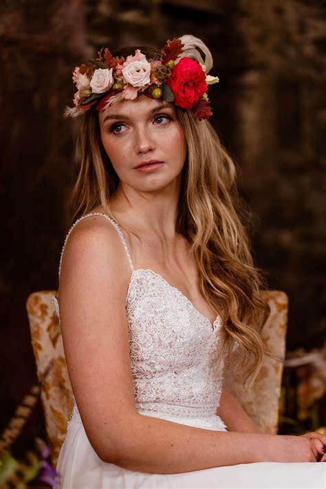 Beautiful Autumn Flower Crown Bohemian Wedding Dress And Natural