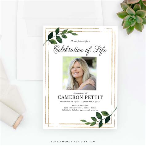 Greenery Editable Funeral Invitation Photo Personalized Etsy In 2021