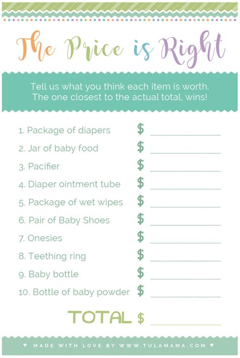 These include games of prediction, well wishes, interactive games, icebreakers, trivia, and more. Baby Shower Price is Right