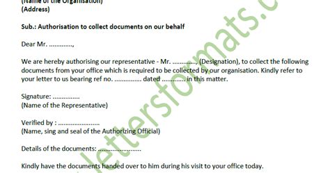 A letter of authorization is a type of document that provides a statement of how the author has granted permission to the person bearing the letter to conduct a procedure on his. Authority Letter to Pick up Collect Official Documents ...