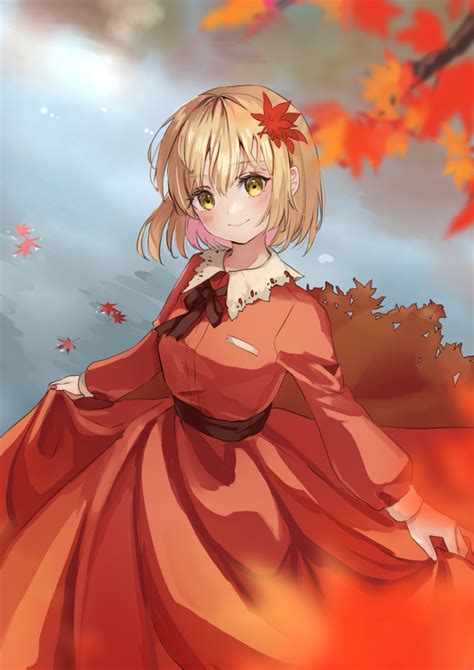 Safebooru 1girl Aki Shizuha Autumn Autumn Leaves Blonde Hair Blush Closed Mouth Collared Dress