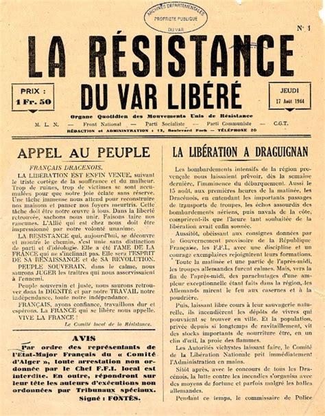 Journal La Résistance Du Var Libéré 17 Août 1944 Archives