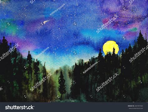 Starry Night Landscape With Forest And Full Moon Hand