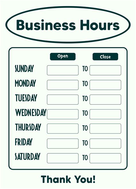 Printable Hours Of Operation Template