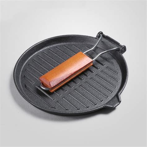 24cm Round Ribbed Cast Iron Steak Frying Grill Skillet Pan With Folding
