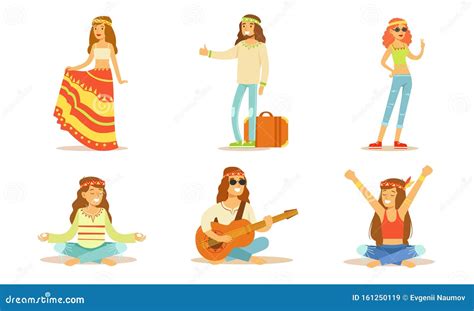 Men And Women Hippie Characters Set People Wearing Hippie Clothes Of