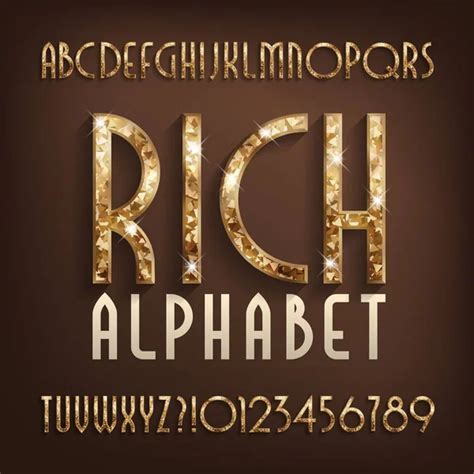 Golden Alphabet Font Metal Glitter Letters Numbers Symbols Stock Vector