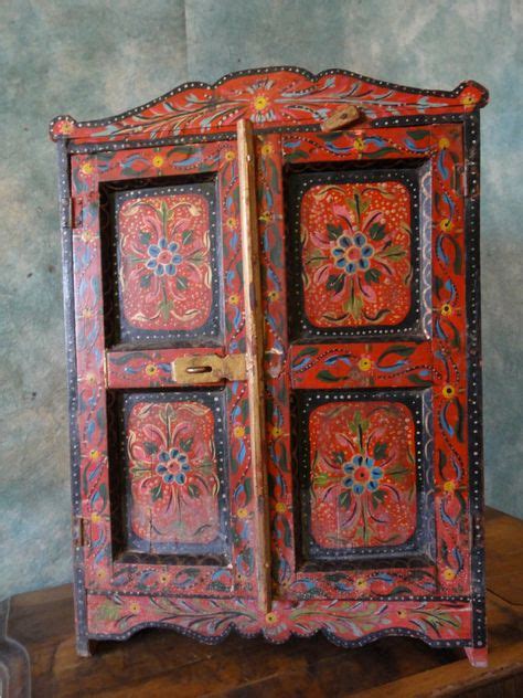 Primitive Vintage Red Wood Hand Painted Folk Art Standing Curio Cabinet