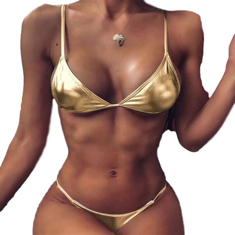 Wsevypo Womenss Shiny Luxury Gold Bikini Swimwear Sets