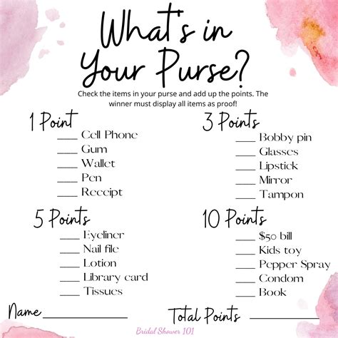 free printable “what s in your purse” game for bridal shower bridal shower 101