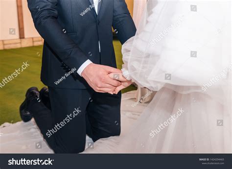 Bride Broom Holding Hands While Praying Stock Photo 1424294465