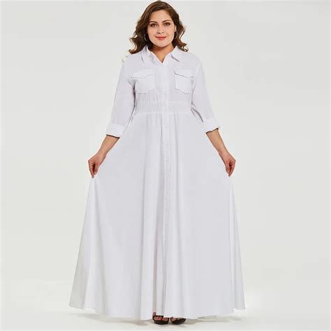 Women Autumn Casual White Long Dress Plus Size Elastic Waist Office