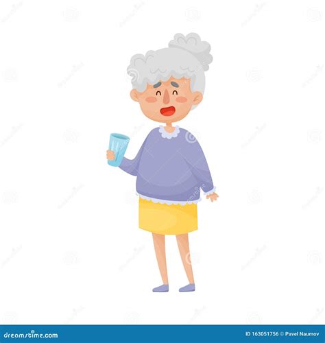 Smiling Grey Haired Senior Woman Standing And Drinking Water From Glass Vector Illustration
