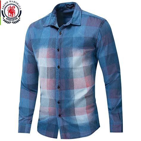 Buy Fredd Marshall New 2019 Men Denim Shirt Slim Fit Plaid Shirt Long