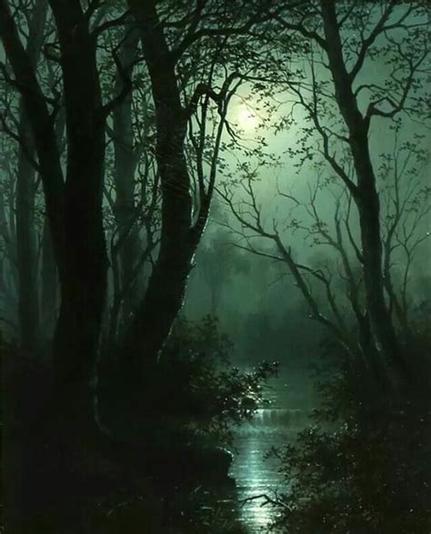 1878 Moonlit Forest Scene Dark Green Aesthetic Fantasy Landscape