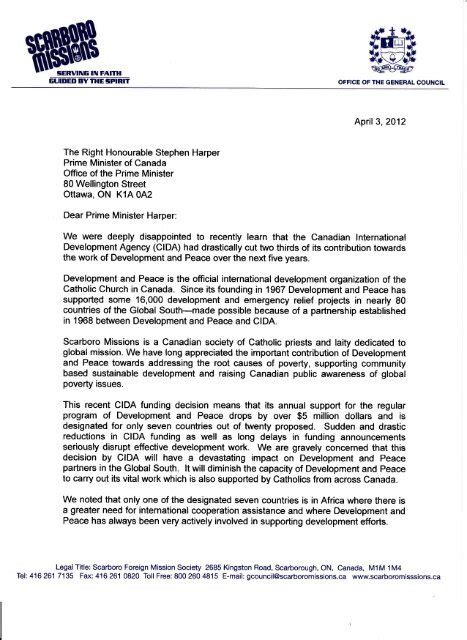Letter To Prime Minister Harper Development And Peace