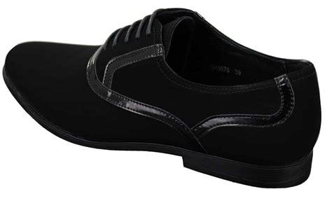 Mens Laced Black Shoes Smart Casual Suede Shiny Patent Leather Trim
