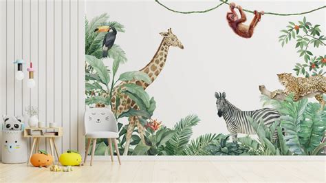 Jungle Safari Animals Wallpaper Children Room Wall Mural Peel Etsy Canada
