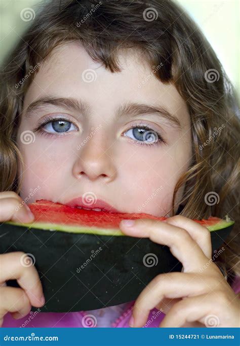 Closeup Little Girl Eating Watermelon Slice Stock Image Image Of