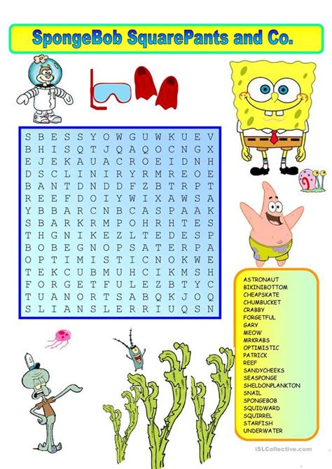 Spongebob Wordsearch With Key Worksheet Free Esl Printable Worksheets