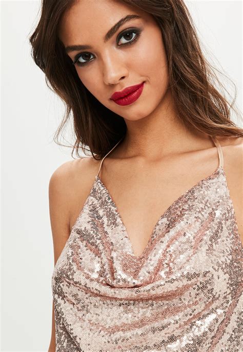 Missguided Synthetic Gold Sequin Cowl Top In Metallic Lyst