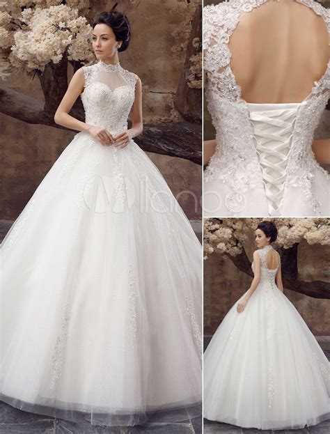 White Ball Gown High Collar Lace Floor Length Wedding Dress For Bride