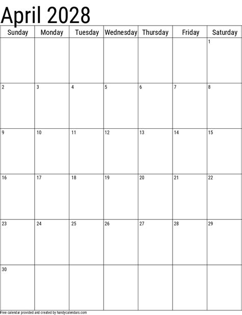 April 2028 Vertical Calendar Handy Calendars