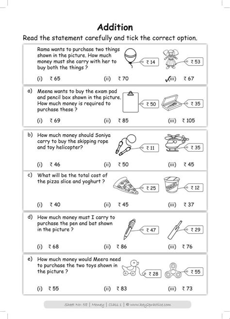 Download and print free 1st grade worksheets that drill key 1st grade math, reading and writing skills. Maths Worksheets Chapter Money I Grade 1 - key2practice Workbook in 2020 | Math workbook, Math ...
