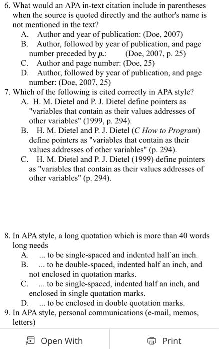 Solved 6 What Would An Apa In Text Citation Include In