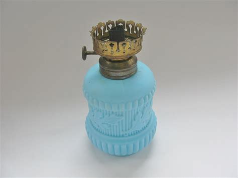 Small Antique Oil Lamp Opaque Blue Frosted Glass Ribbed Etsy