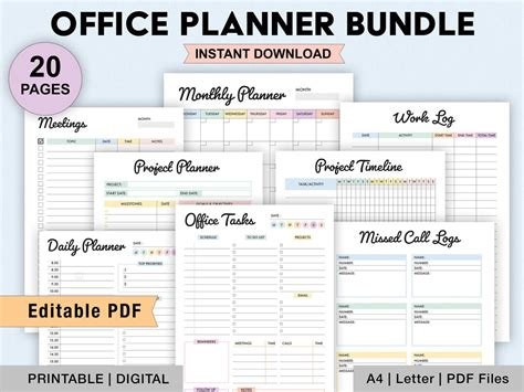 Editable Office Task Planner Bundle Printable Work Schedule Planner