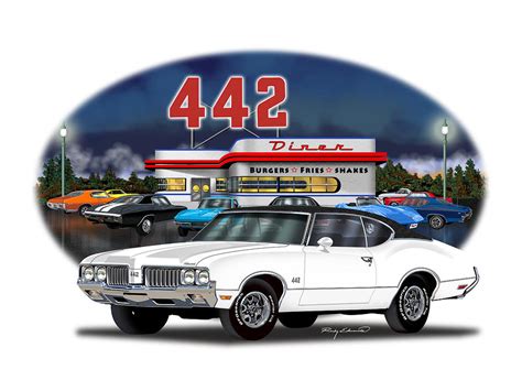 1970 Oldsmobile 442 White With Black Vinyl Top Muscle Car Art Drawing