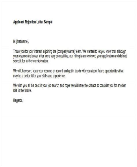 10 Applicant Rejection Letters Free Sample Example Format Download