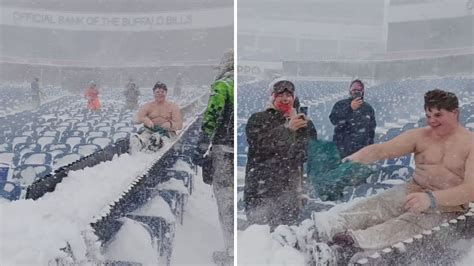 Watch Buffalo Bills Fan Goes Shirtless Slides Down Snowy Bleachers