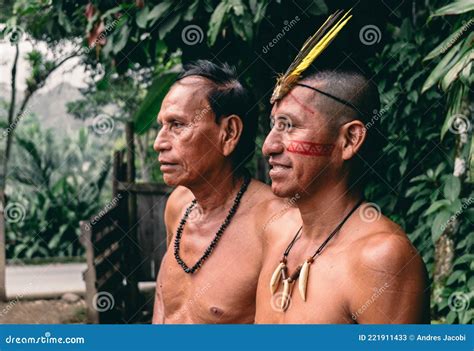 Indigenous Kichwa Men From Ecuador Wearing Traditional Ornaments February 2018 Puyo Ecuador