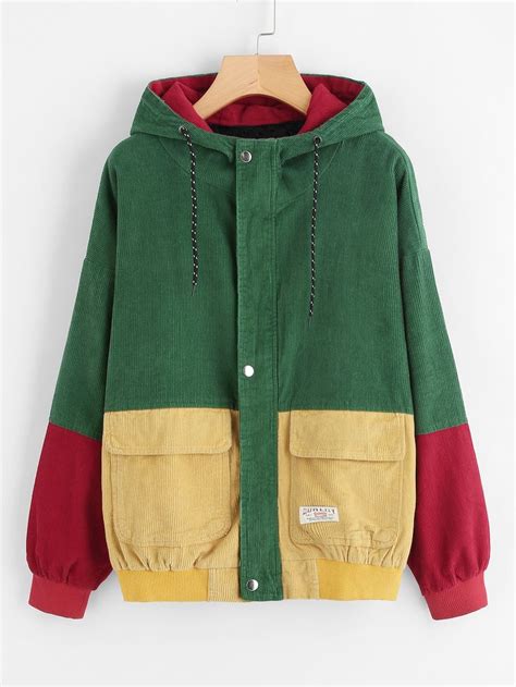 Corduroy Color Block Drawstring Hooded Jacket Sheinsheinside